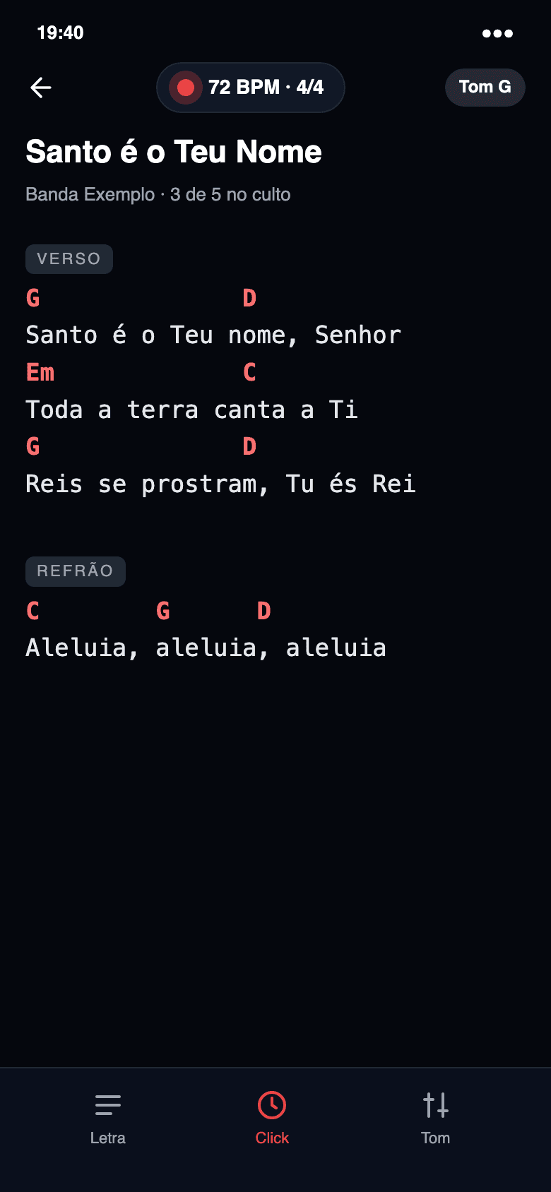 Modo Ao Vivo com cifra grande, click e BPM