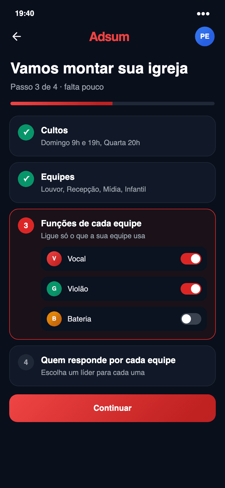 Assistente de começar, no passo de escolher as funções de cada equipe